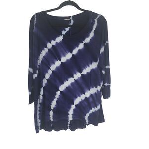 Maria Gabrielle Tie-Dye Top L Womens Blue White Half Sleeve Crew Neck Pullover